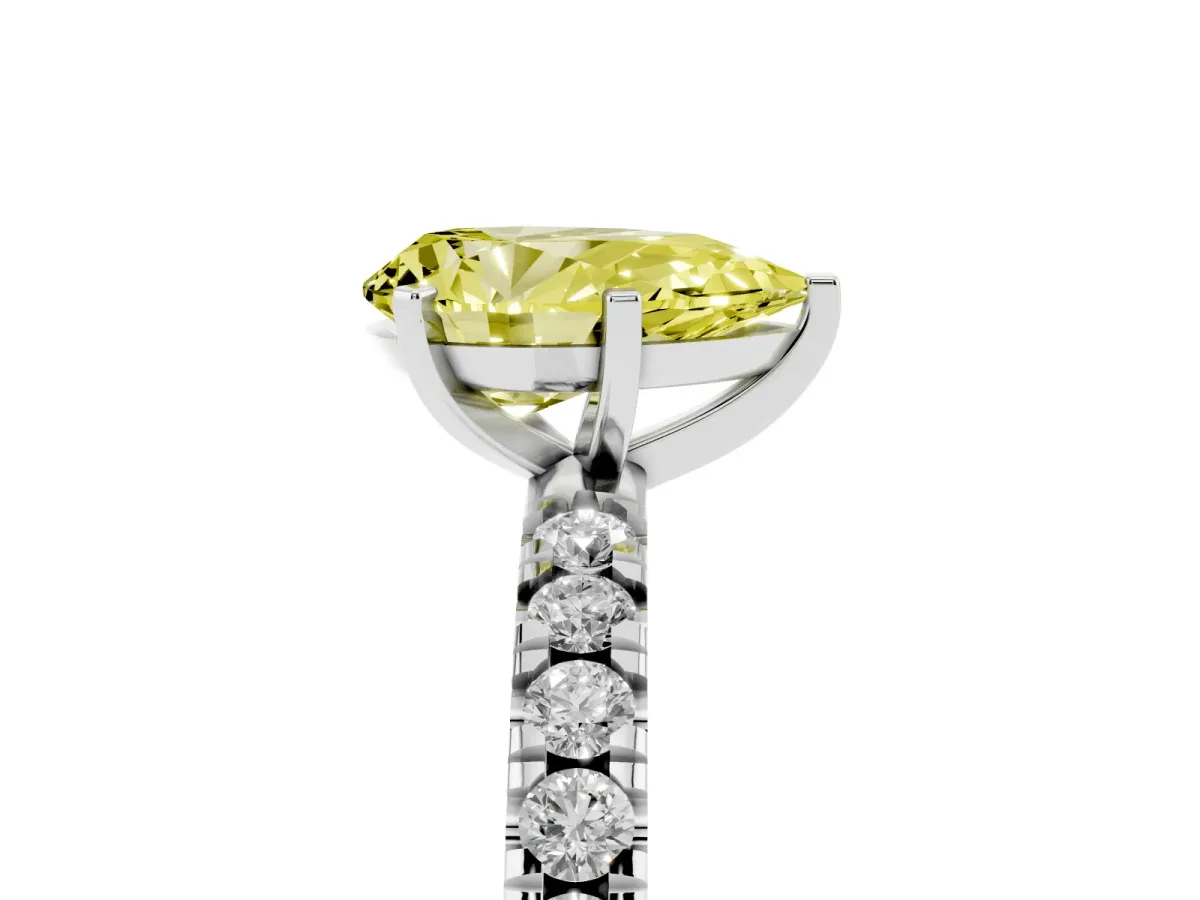 Fancy Yellow Pear Cut Diamond Pavé Band Solitaire with Four-Prong Setting Platinum