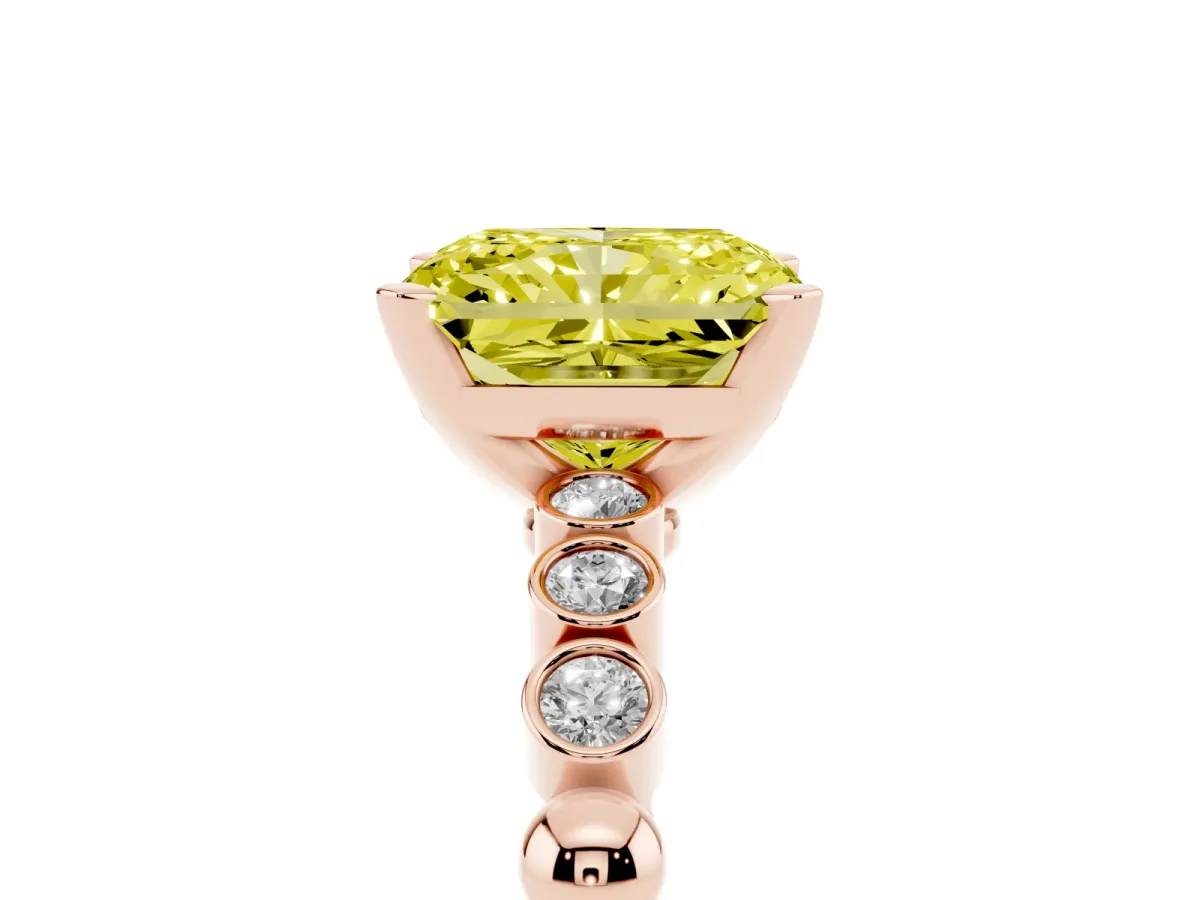 Fancy Yellow Radiant Cut Solitaire Bezel Accent Diamond Engagement Ring with Beaded Band and Four-Prong Setting Rose gold