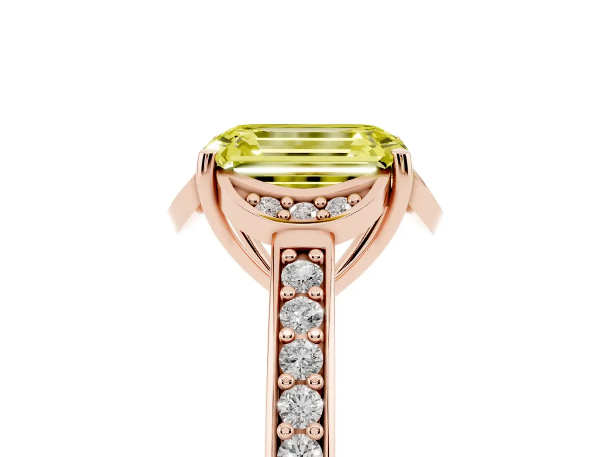 Fancy Yellow Emerald Cut Cut Halo Diamond Ring with Channel Set Band and Four-Prong Setting Rose gold