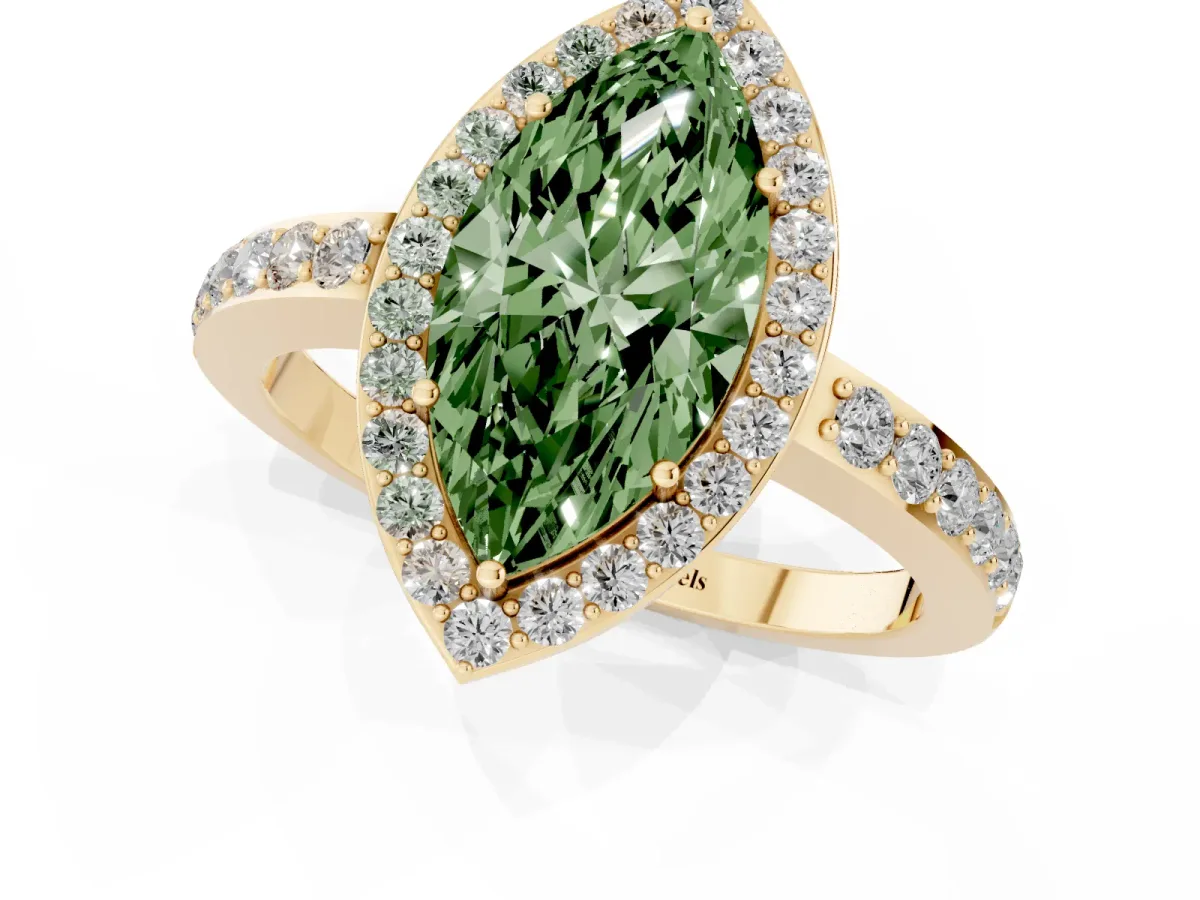 Fancy Green Marquise Cut Halo Diamond Pavé Band Ring with Prong Setting Yellow gold