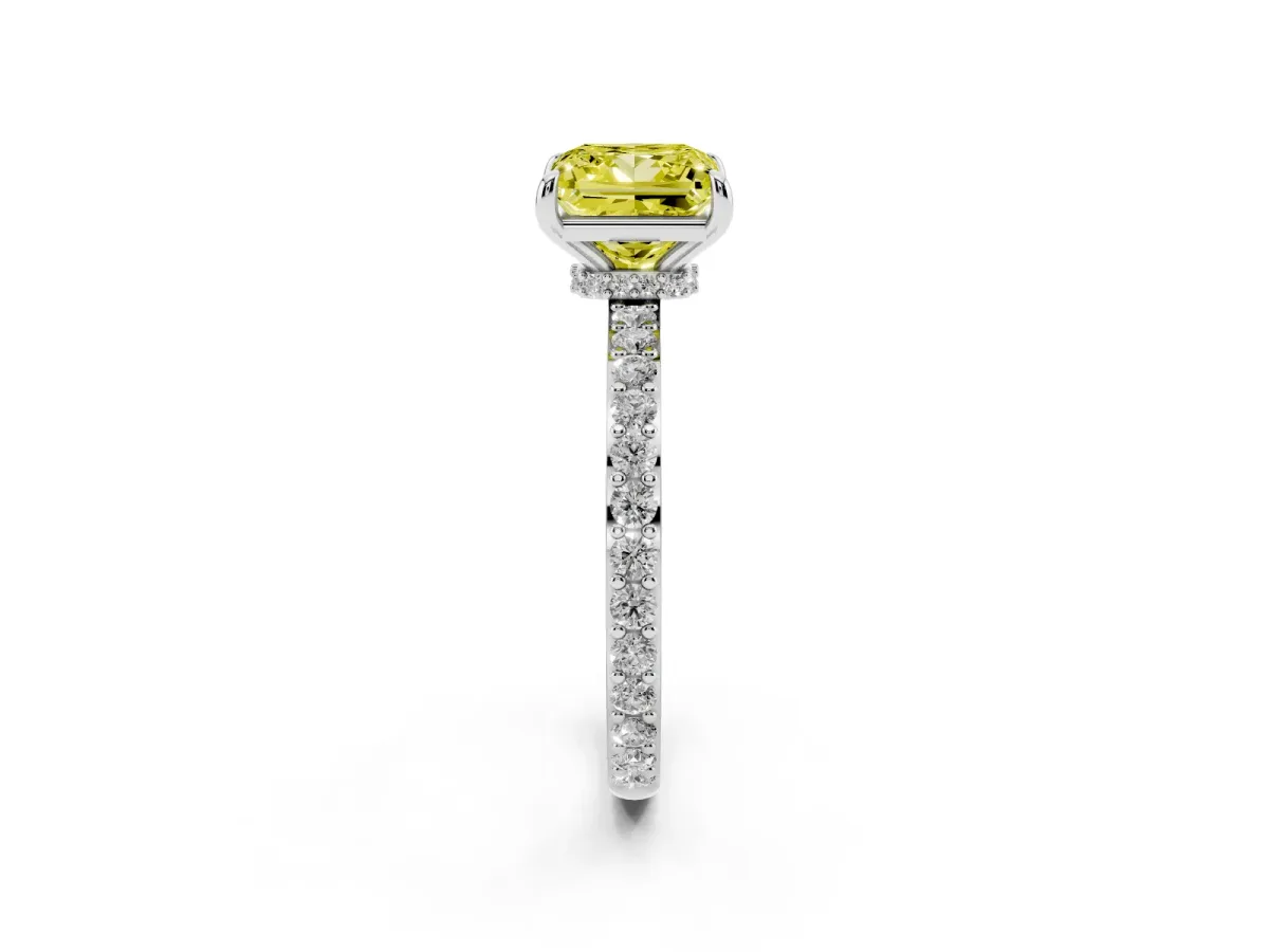 Fancy Yellow Princess Cut Diamond Solitaire Engagement Ring with Pavé Band and Four-Prong Setting Silver