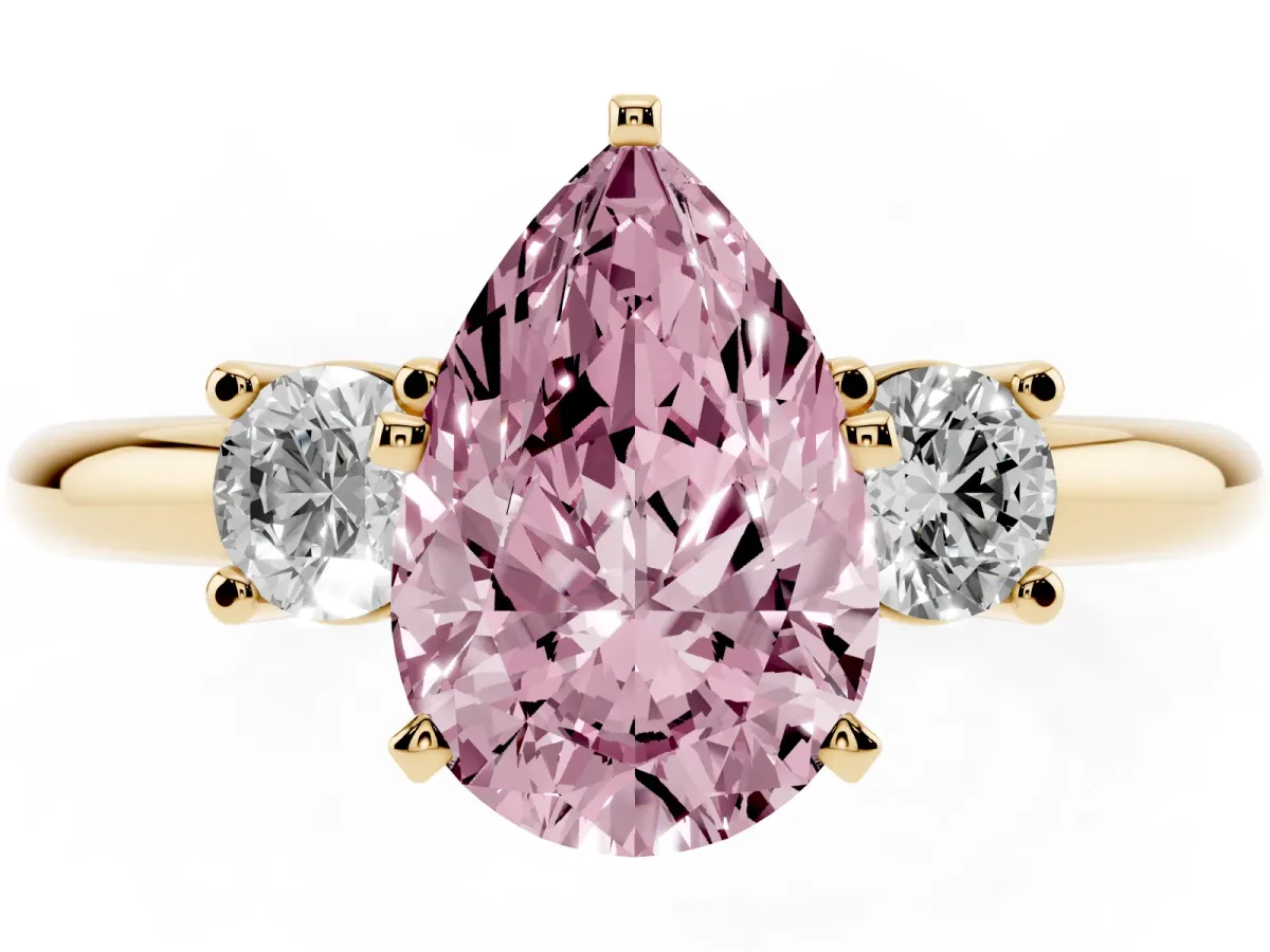 Fancy Pink Three-Stone Pear Cut Cut Diamond Solitaire with Prong Setting and Classic Band Yellow gold
