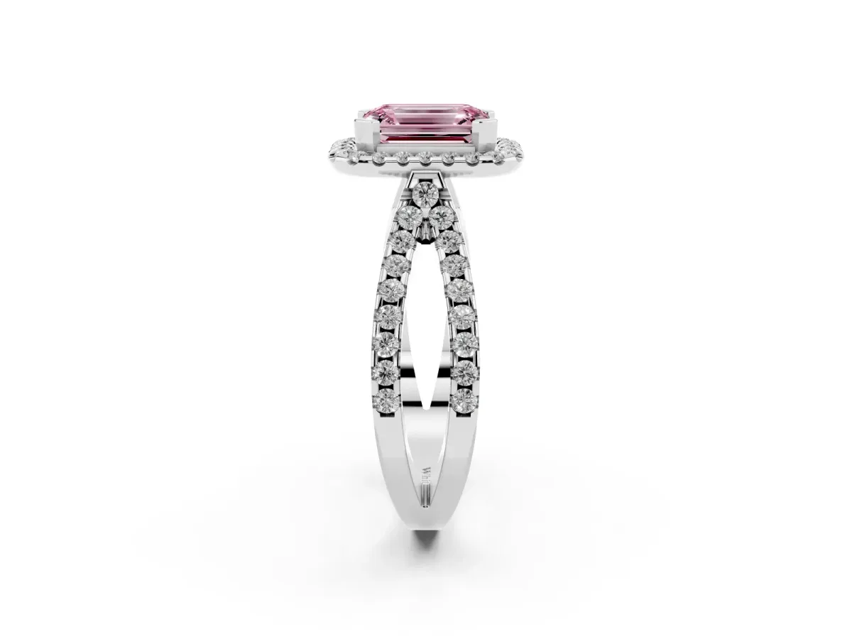 Fancy Pink Emerald Cut Diamond Halo Ring with Split Shank Pavé Band and Prong Setting Silver
