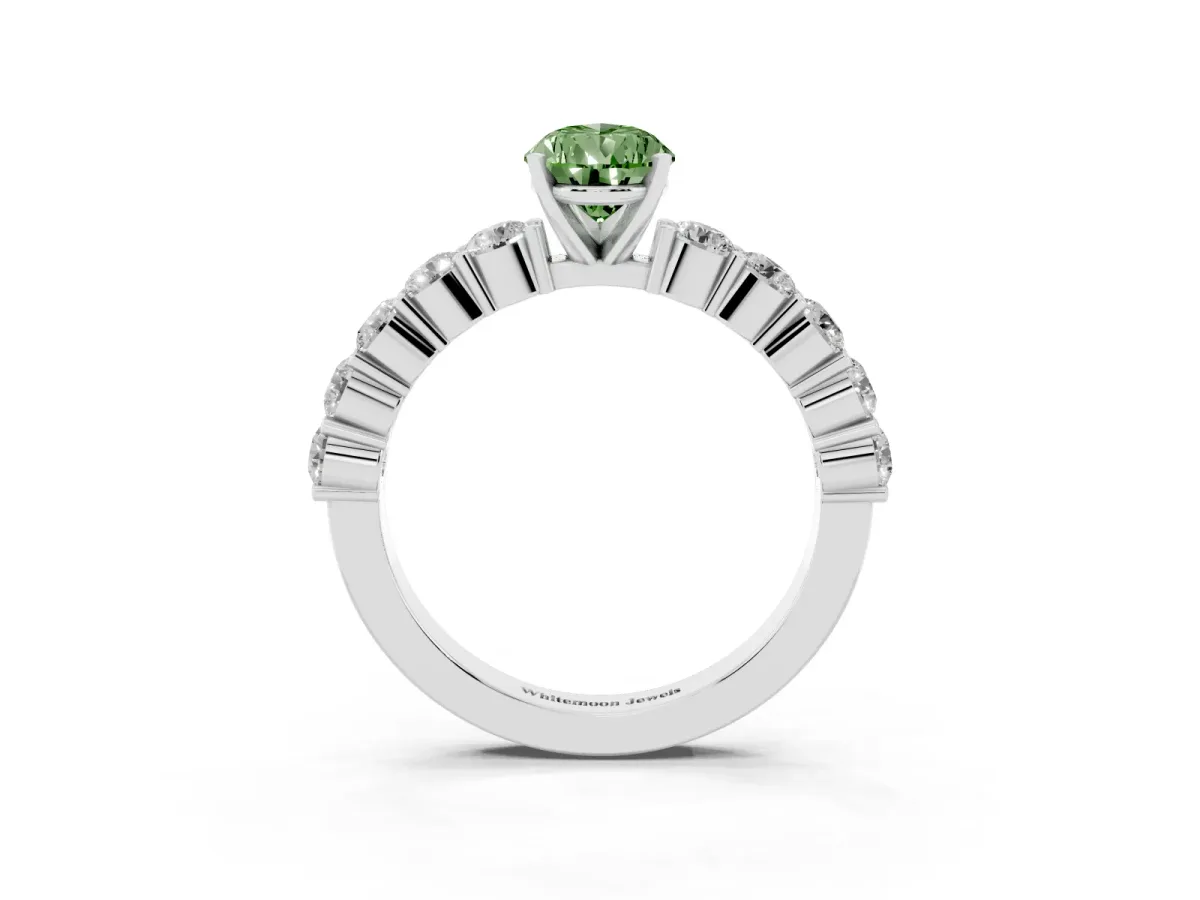 Fancy Green Pear Cut Diamond Solitaire Ring with Shared Prong Round Side Stones Silver