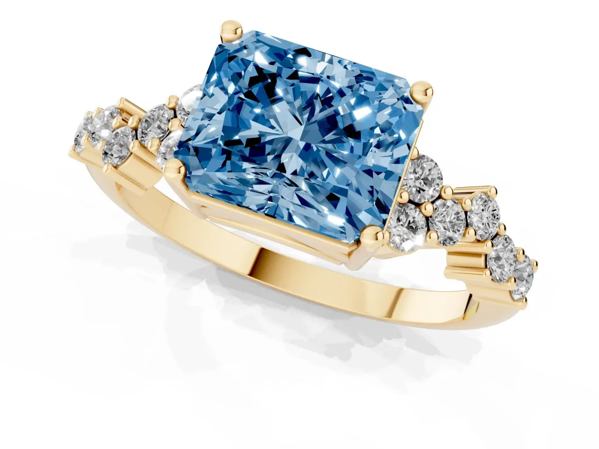 Fancy Blue Radiant Cut Diamond Scattered Round Accent Ring with Prong Setting Yellow gold