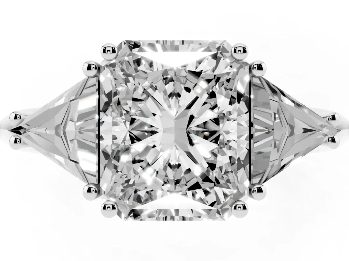 Three-Stone Radiant Cut Diamond Engagement Ring with Trillion Side Stones and Prong Setting Silver