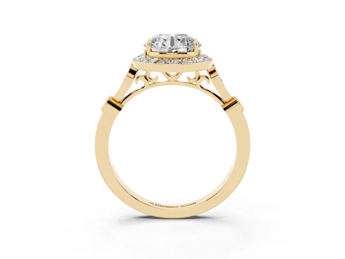 Round Cut Halo Diamond Engagement Ring with Twisted Band and Four-Prong Setting Yellow gold