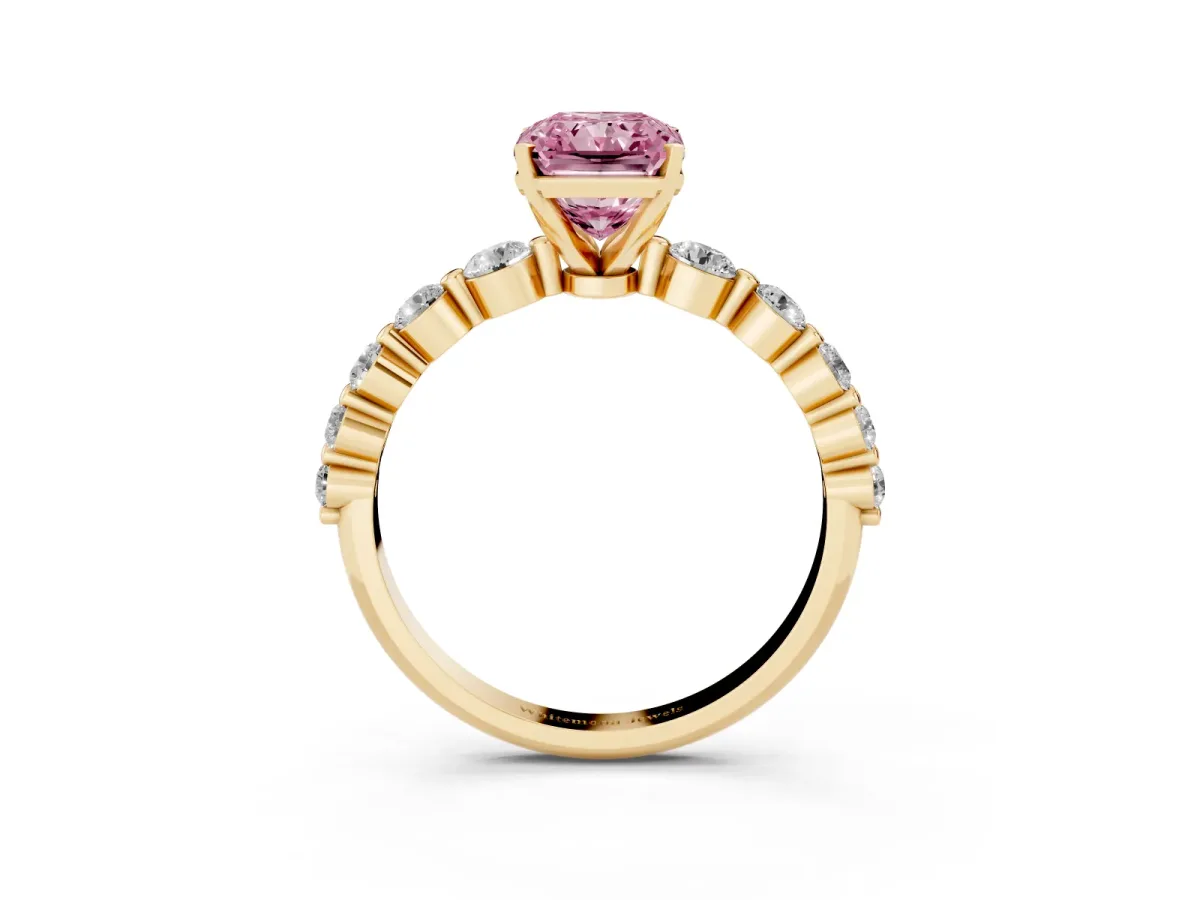 Fancy Pink Radiant Cut Solitaire Diamond Ring with Pave Band and Four-Prong Setting Yellow gold