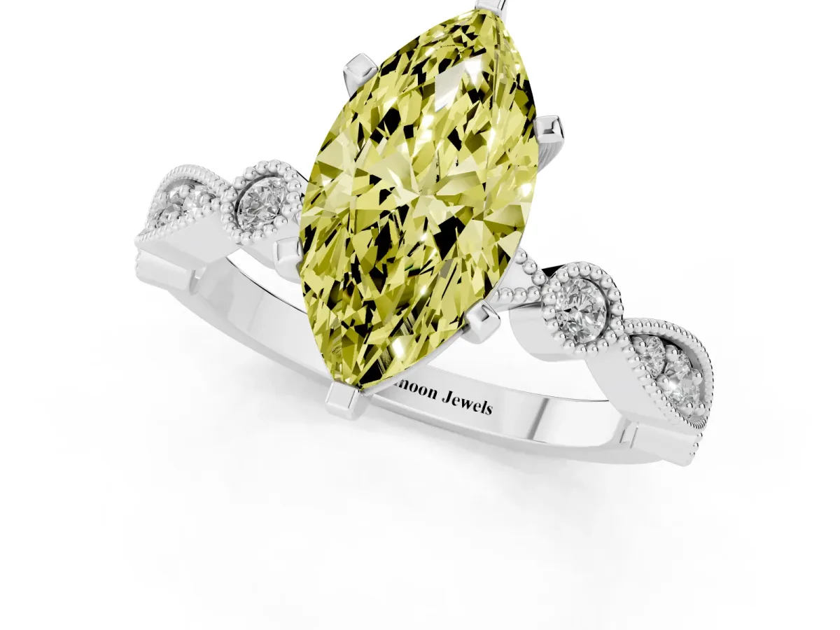 Fancy Yellow Marquise Cut Milgrain Bezel Diamond Engagement Ring with Solitaire Prong Setting Silver