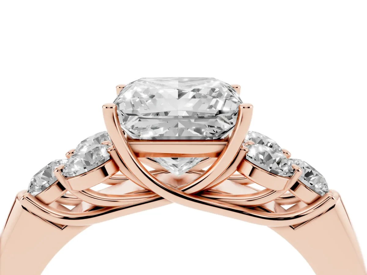 Princess Cut Cut Diamond Cluster Ring with Round Accent Stones and Prong Setting on a Classic Band Rose gold