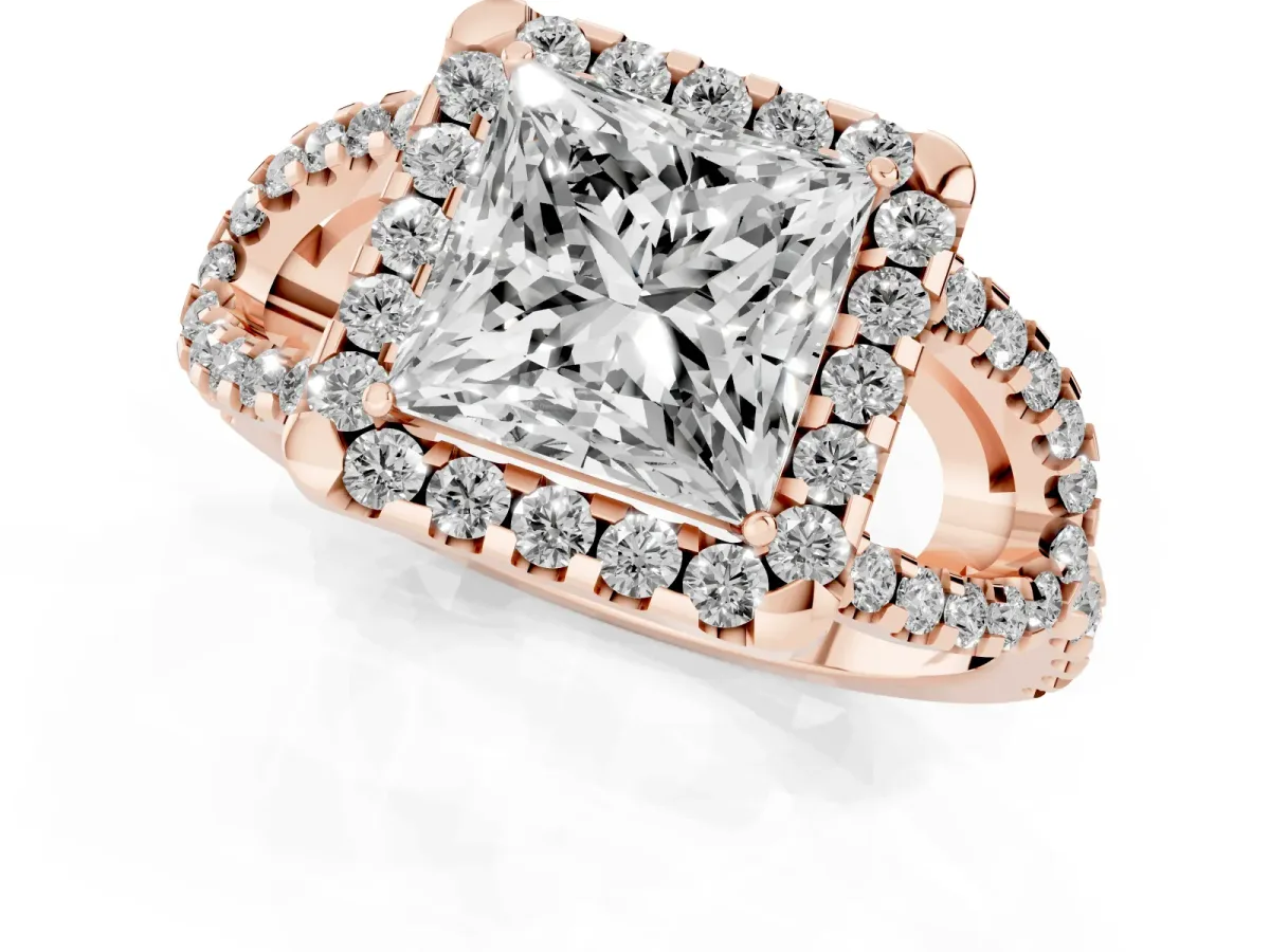 Princess Cut Cut Diamond Halo Engagement Ring with Open Split Pavé Band Rose gold