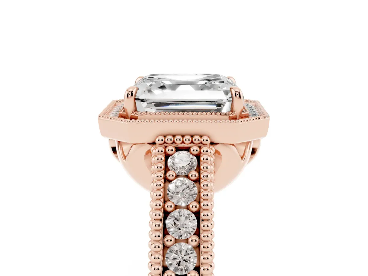Asscher Cut Cut Halo Diamond Ring with Pavé Band and Four-Prong Setting Rose gold