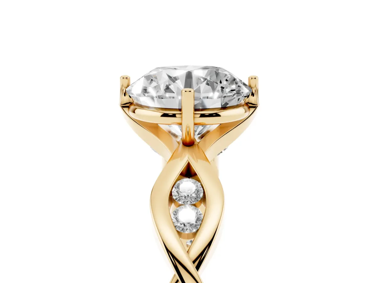 Round Cut Solitaire Twist Band with Leaf Prong Setting Yellow gold