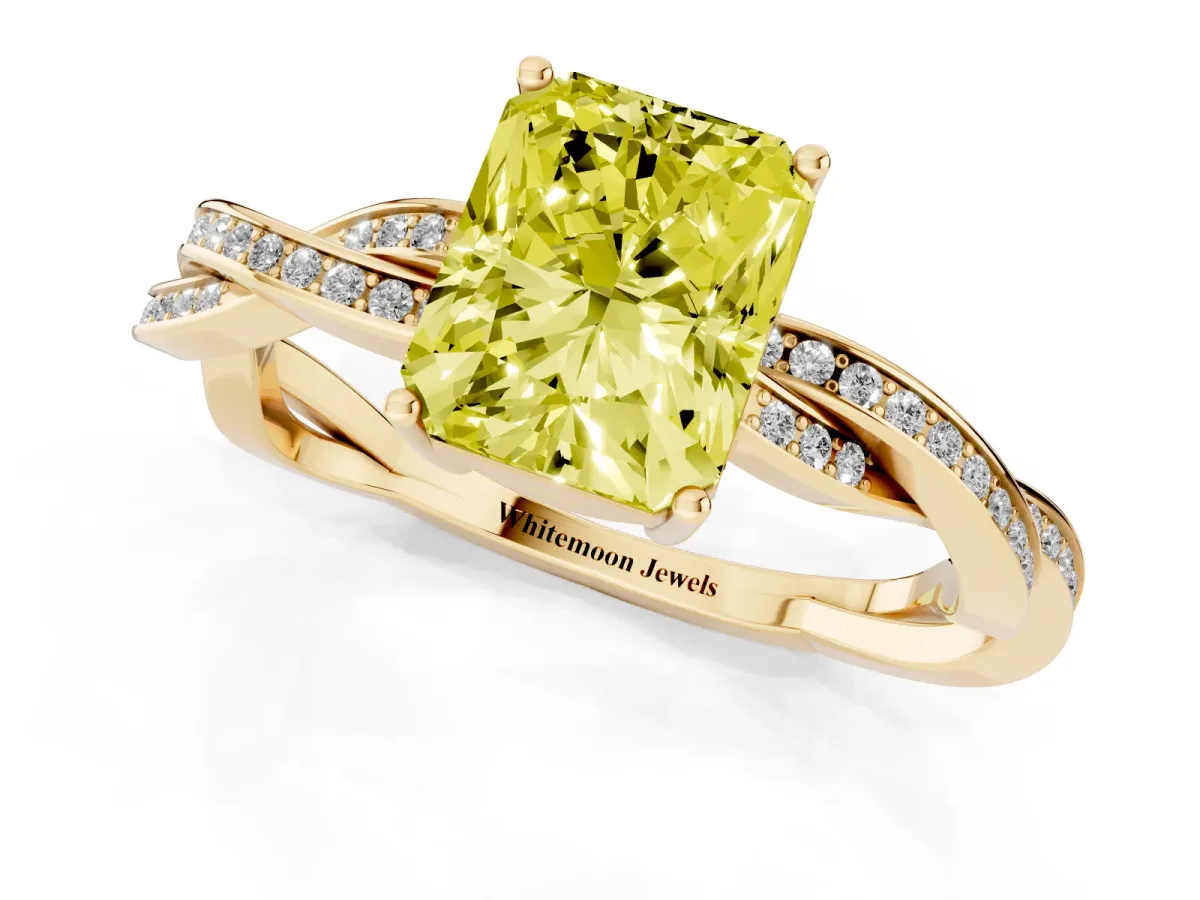 Fancy Yellow Radiant Cut Solitaire Twisted Pave Diamond Ring with Four-Prong Setting Yellow gold