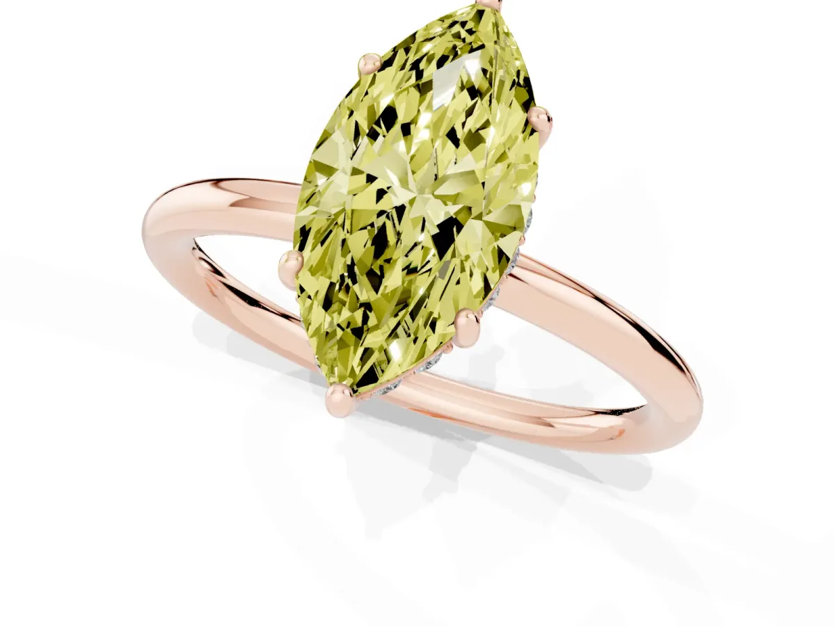 Fancy Yellow Marquise Cut Solitaire Diamond Ring with a Classic Band and Four-Prong Setting Rose gold
