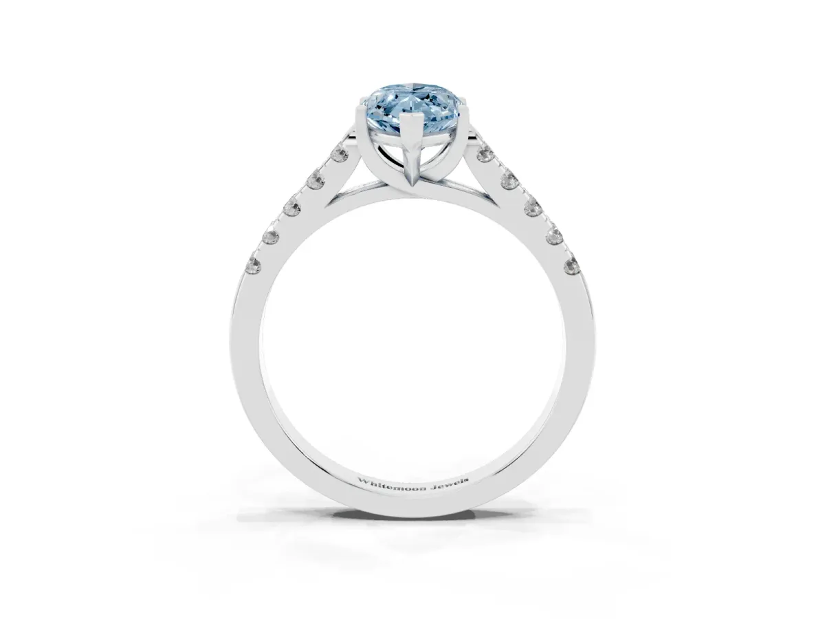 Fancy Blue Marquise Cut Diamond Pavé Band Solitaire Ring with Prong Setting Silver