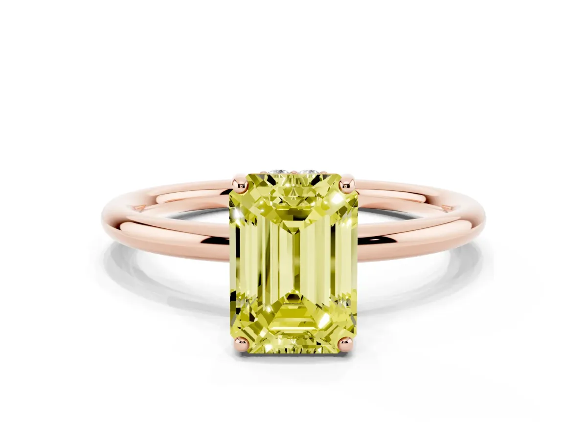 Fancy Yellow Emerald Cut Solitaire Diamond Ring with a Classic Band and Four-Prong Setting Rose gold
