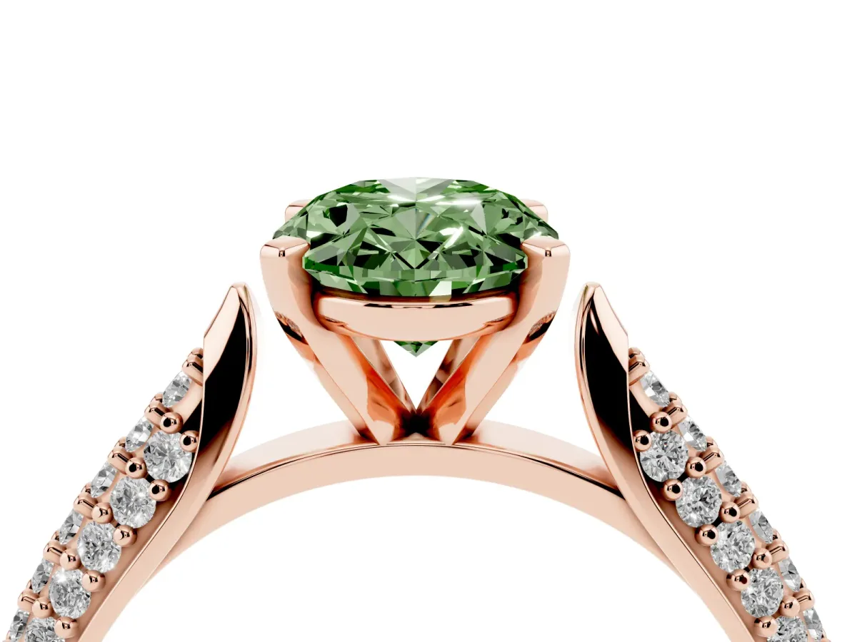 Fancy Green Oval Cut Diamond Solitaire Engagement Ring with Multi-Row Round Pavé Band and Prong Setting Rose gold