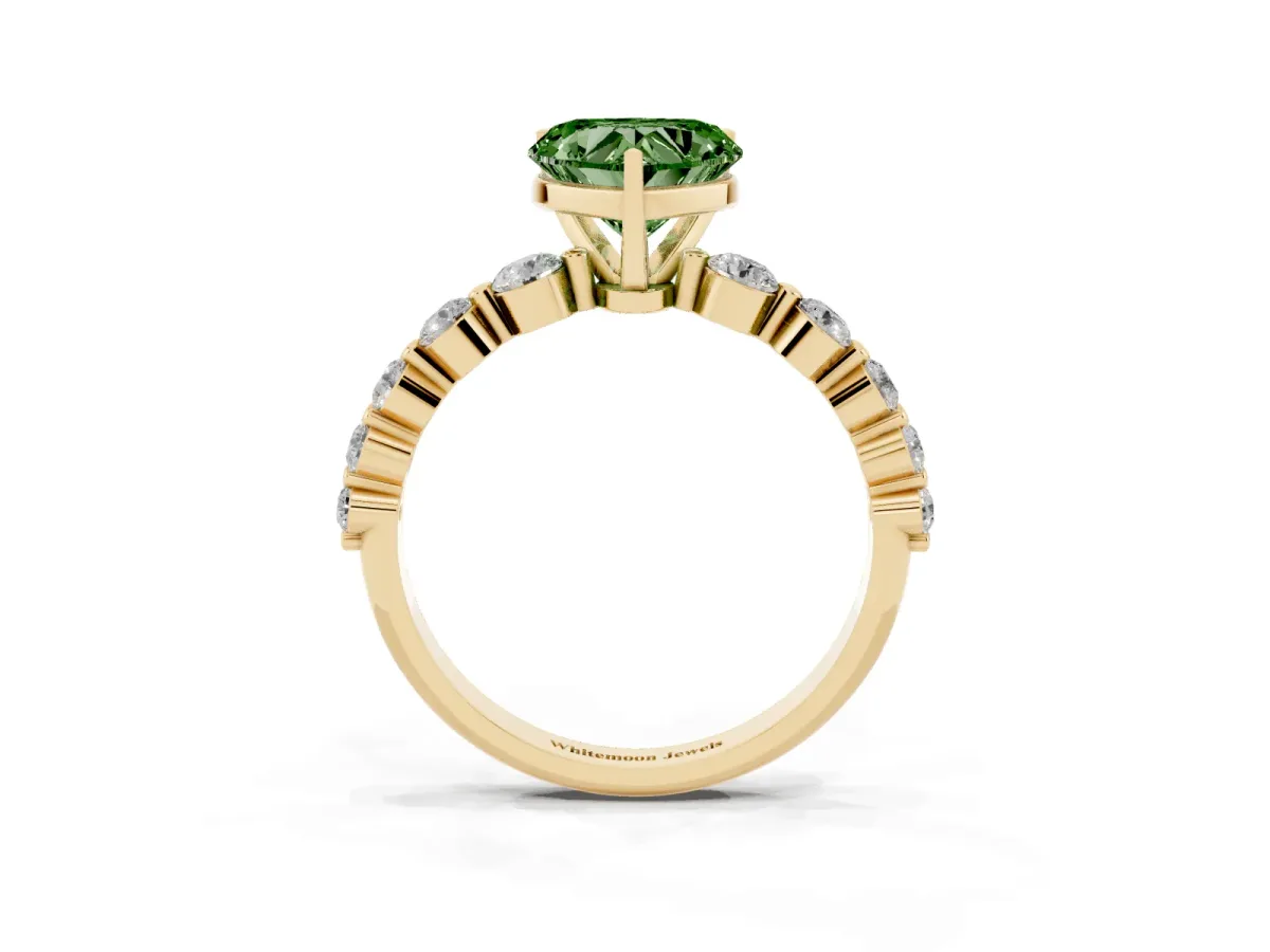 Fancy Green Heart Cut Solitaire Diamond Ring with Pave Band and Four-Prong Setting Yellow gold
