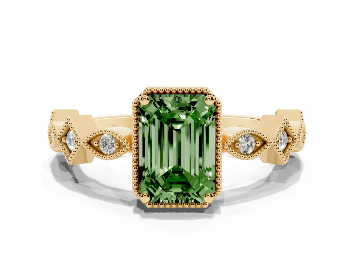 Fancy Green Emerald Cut Milgrain Marquise Diamond Twist Band Ring Yellow gold