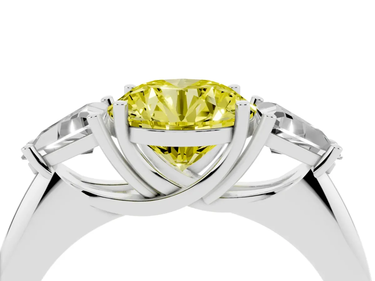 Fancy Yellow Three-Stone Round Cut Diamond Engagement Ring with Trillion Side Stones and Prong Setting Silver