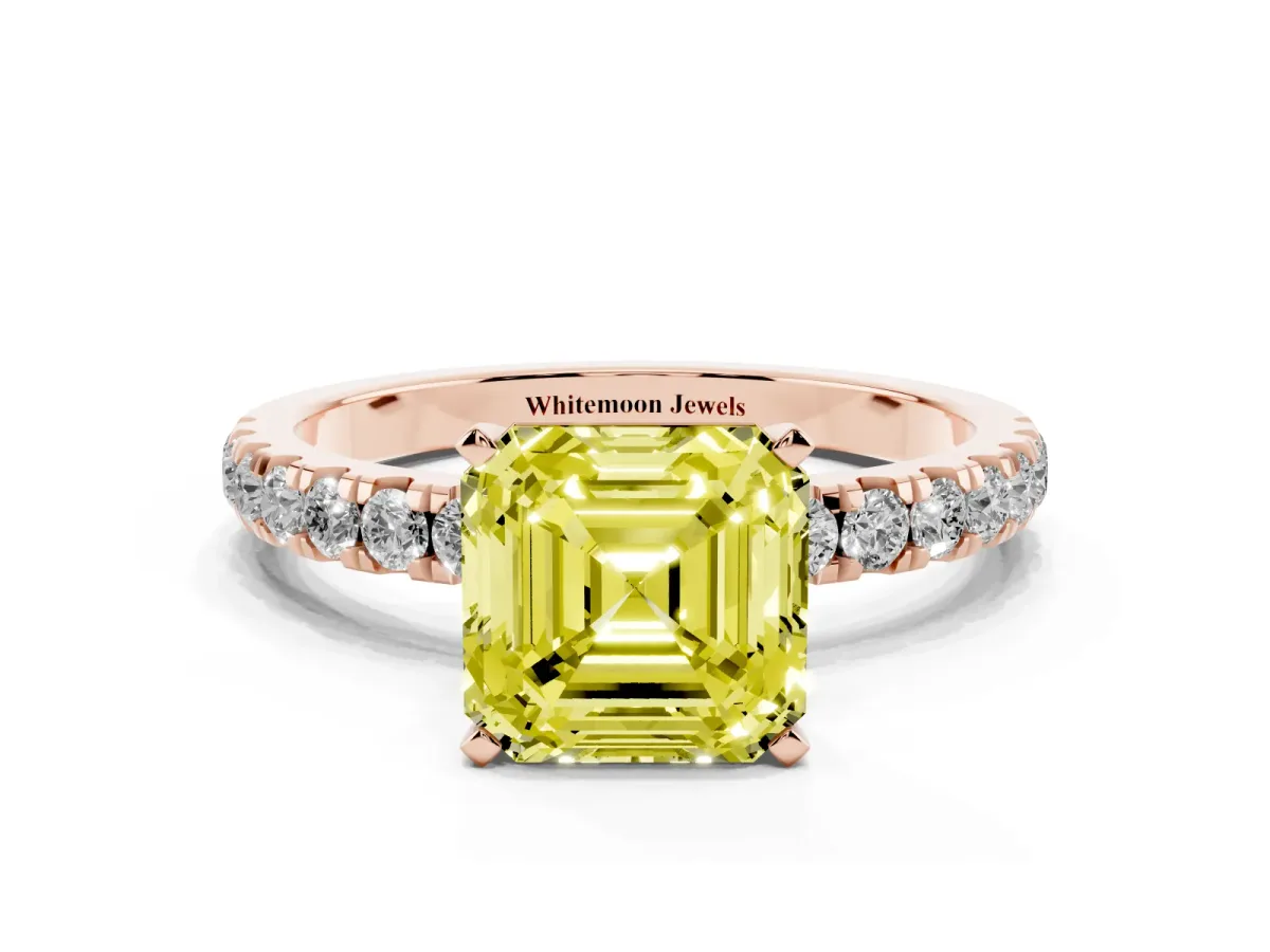 Fancy Yellow Asscher Cut Diamond Solitaire Ring with Pavé Accents and Four-Prong Setting Rose gold