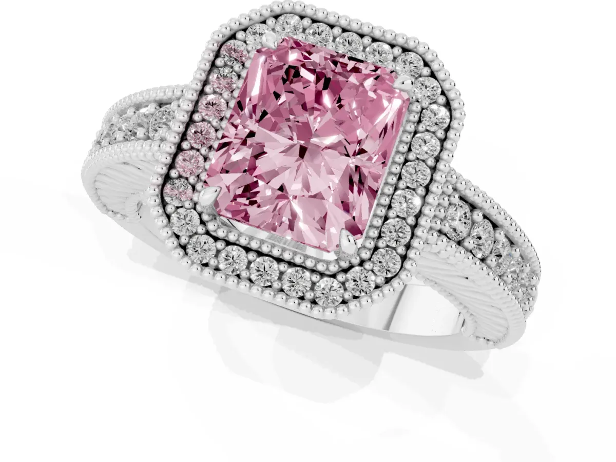 Fancy Pink Radiant Cut Cut Halo Diamond Ring with Pavé Band and Four-Prong Setting Silver