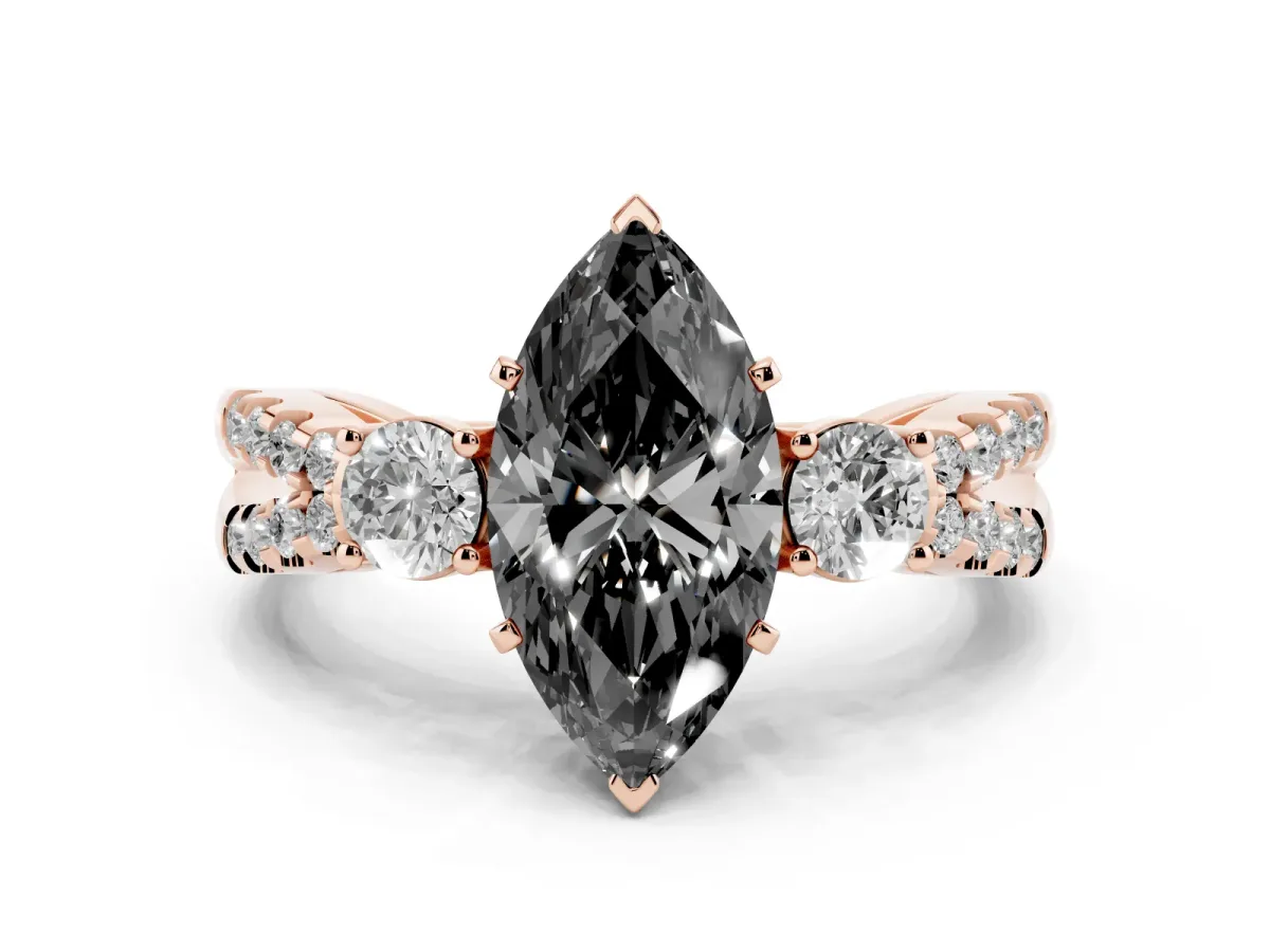 Fancy Black Marquise Cut Diamond Three-Stone Ring with Pavé Split Shank and Four-Prong Setting Rose gold