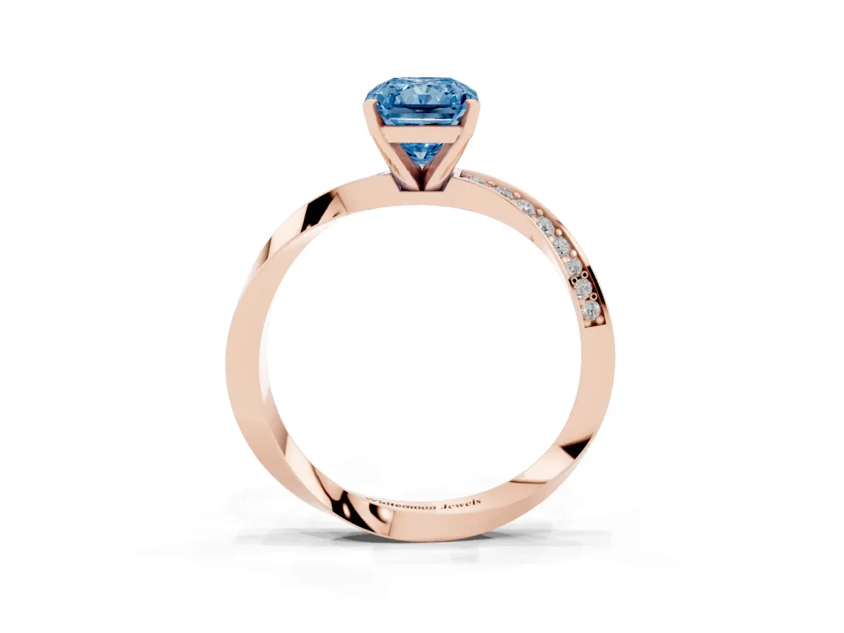 Fancy Blue Radiant Cut Diamond Engagement Ring with Side Stone Accents and Four-Prong Setting Rose gold