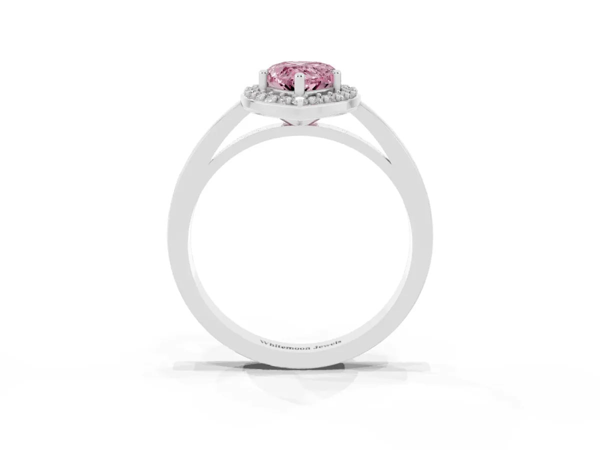 Fancy Pink Pear Cut Halo Diamond Ring with Solitaire Band and Prong Setting Silver