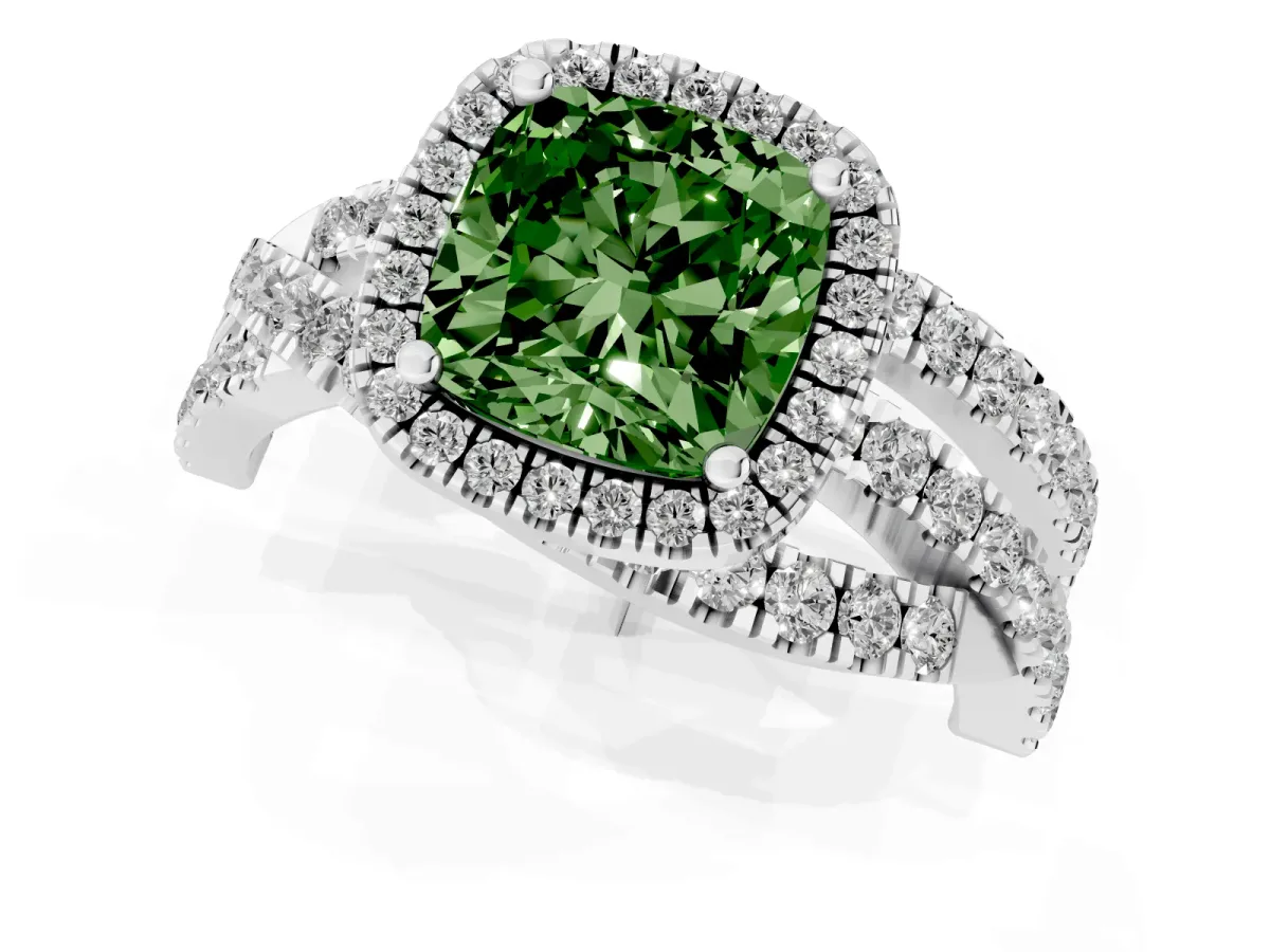 Fancy Green Cushion Cut Diamond Halo Ring with Round Split Shank and Prong Setting Silver
