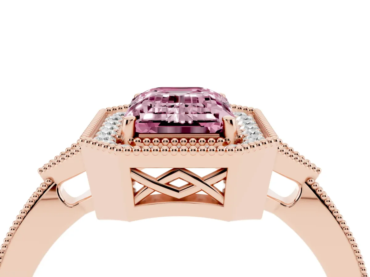 Fancy Pink Emerald Cut Halo Round Diamond Milgrain Pave Engagement Ring Rose gold