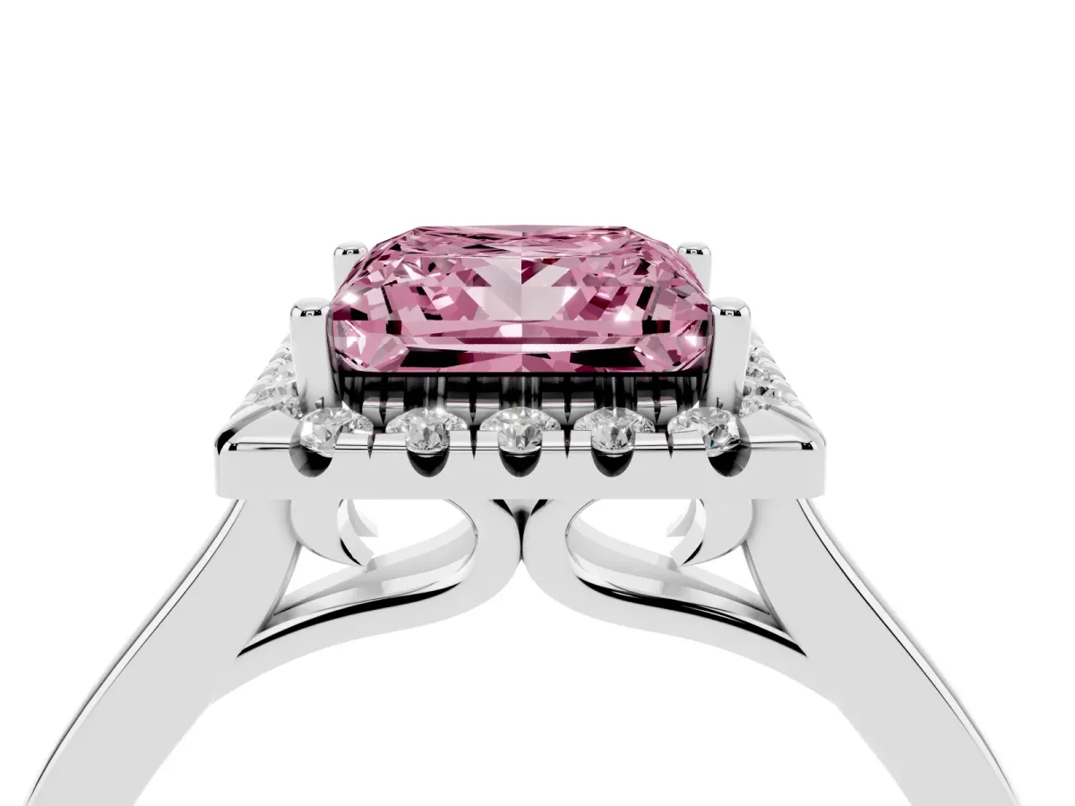 Fancy Pink Princess Cut Halo Round Diamond Solitaire Ring with Pavé Band and Four-Prong Setting Silver
