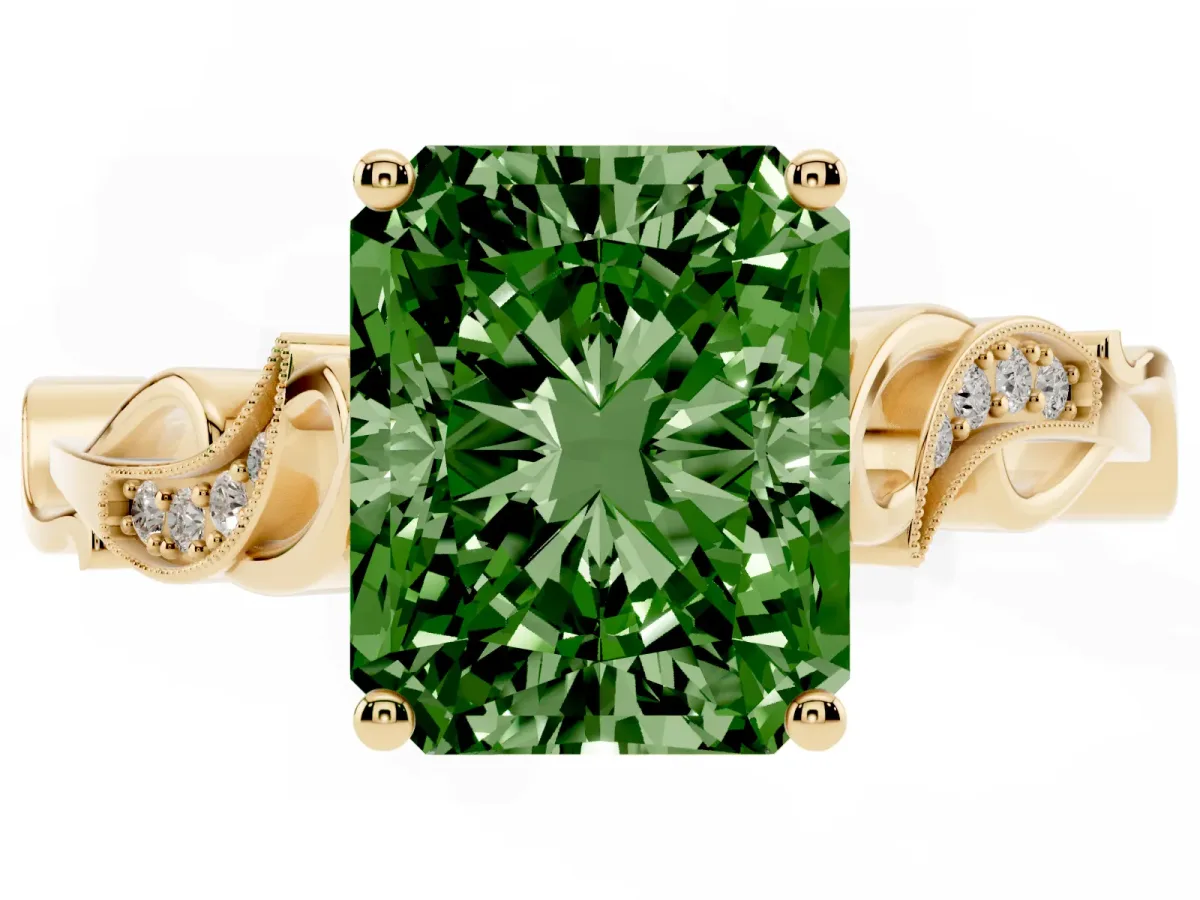Fancy Green Radiant Cut Solitaire Vine Band with Milgrain Prong Setting Yellow gold