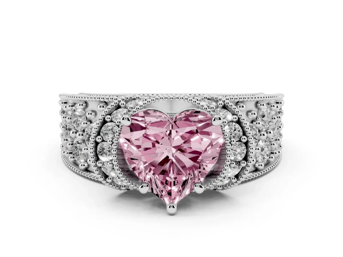 Fancy Pink Heart Cut Halo Pave Diamond Engagement Ring with Milgrain Detailing Silver