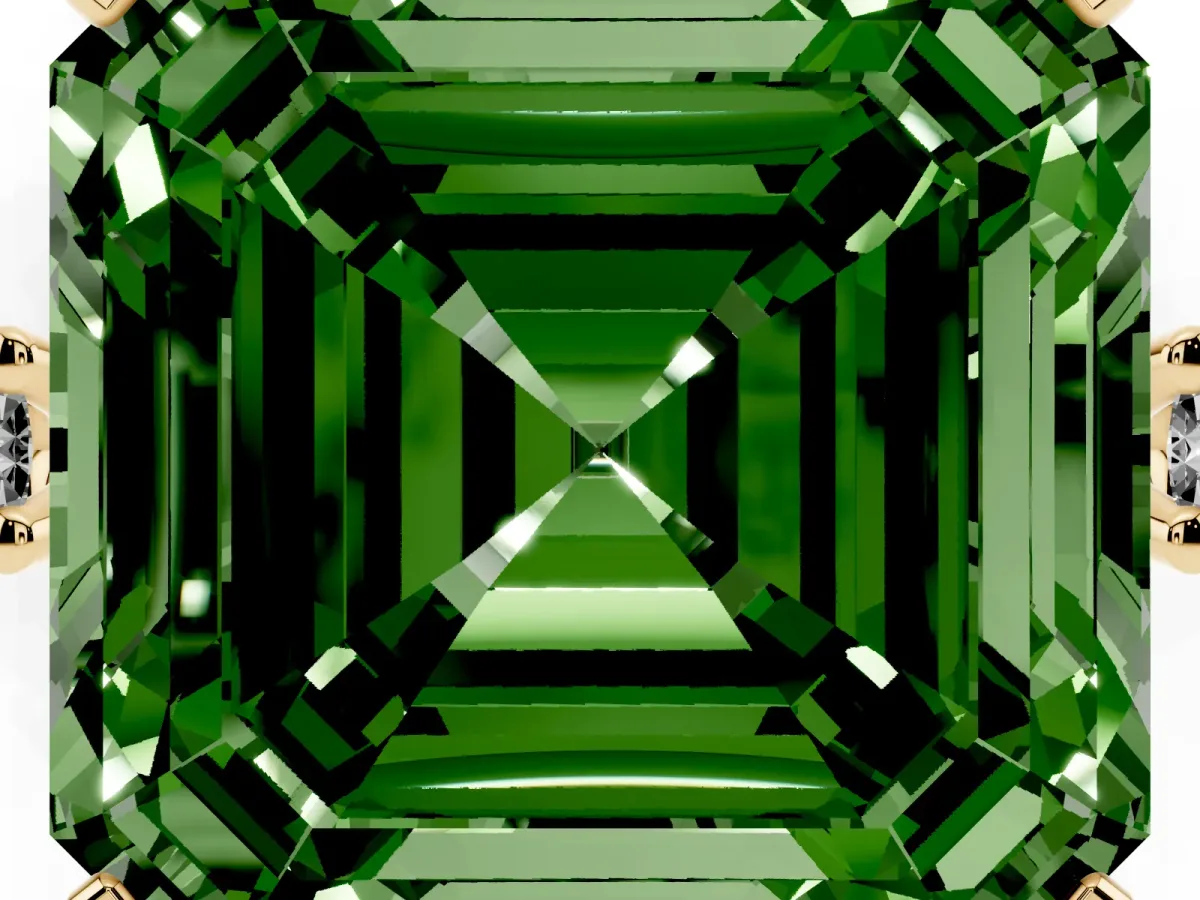 Fancy Green Asscher Cut Cut Three-Stone Solitaire Ring with Round Accent Diamonds and Four-Prong Setting Yellow gold