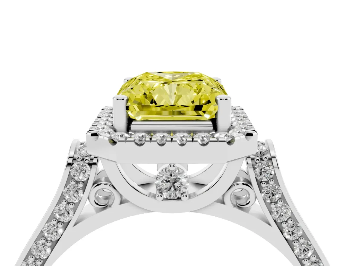Fancy Yellow Radiant Cut Halo Pave Split Shank Prong Setting Ring Silver