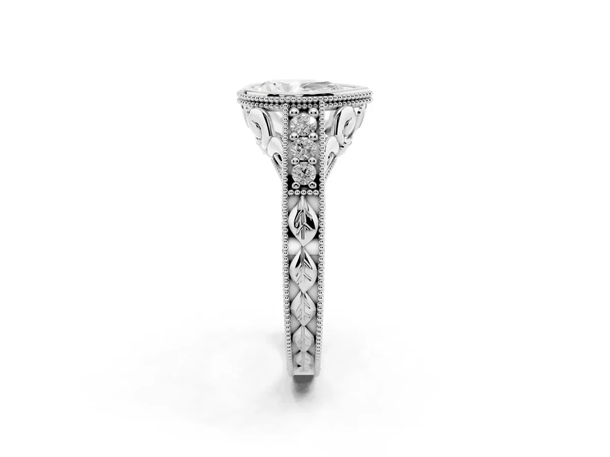 Bezel Set Pear Cut Diamond Milgrain Pave Engagement Ring Silver