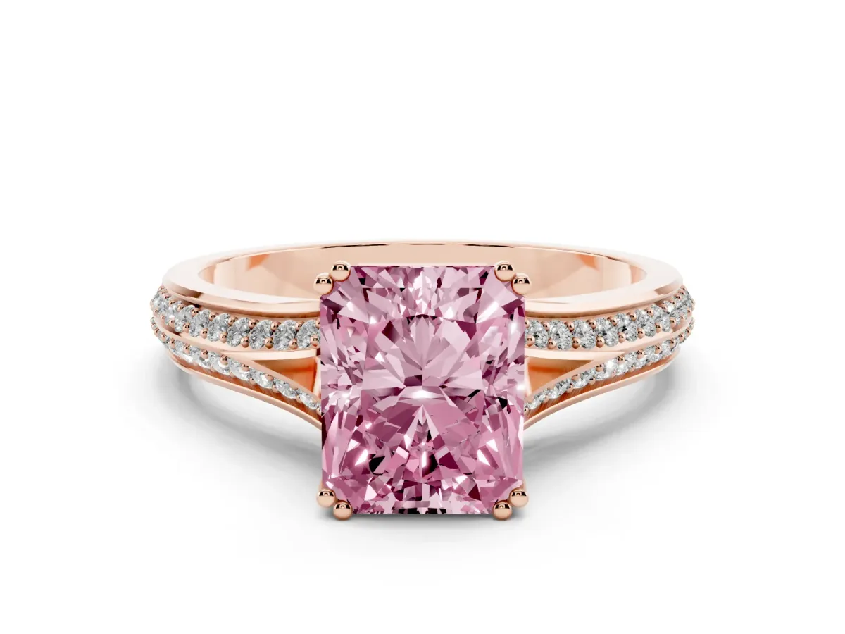Fancy Pink Radiant Cut Diamond Split Shank Engagement Ring with Pavé Band Rose gold