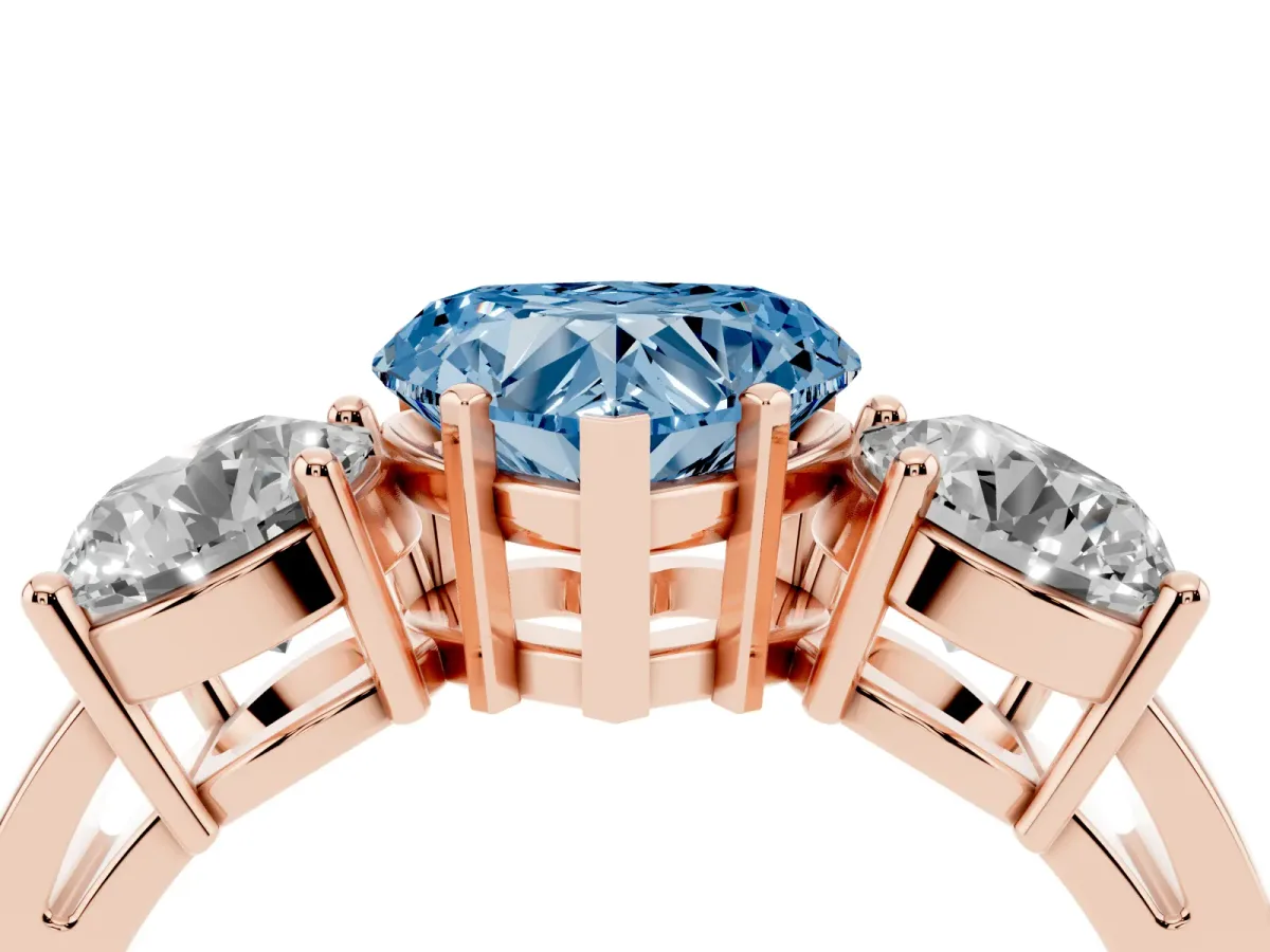 Fancy Blue Three-Stone Heart Cut Diamond Ring with Round Side Stones, Classic Band, and Four-Prong Setting Rose gold