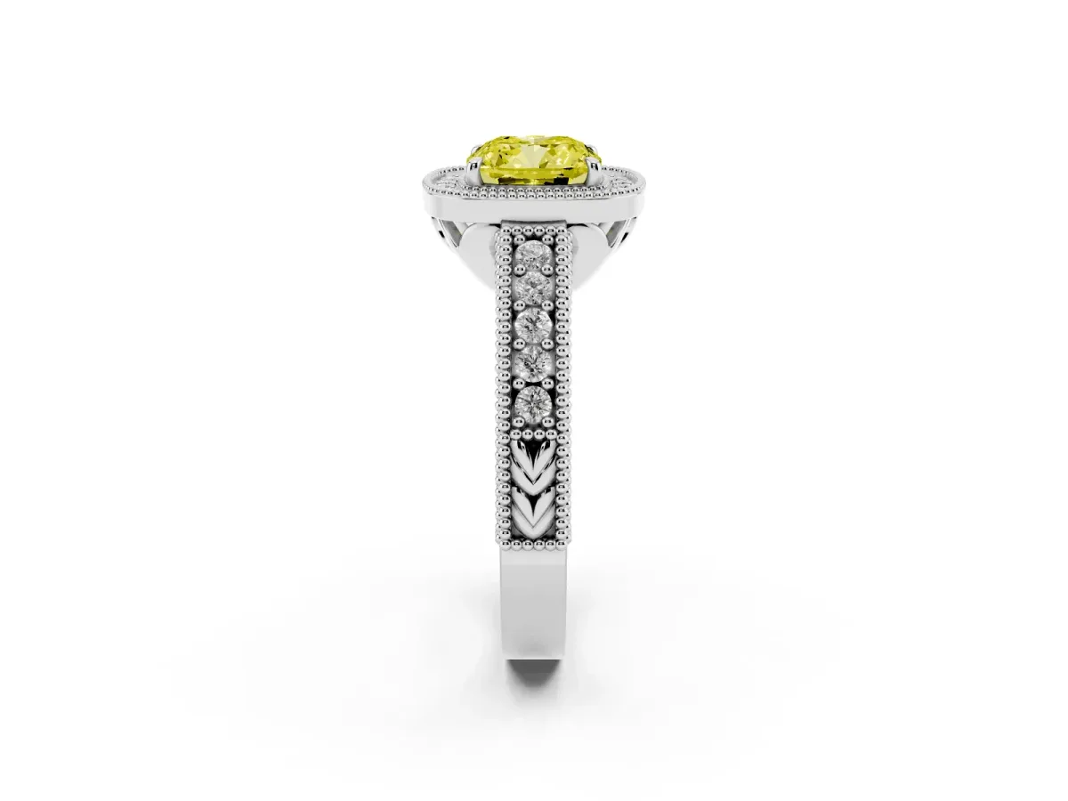 Fancy Yellow Cushion Cut Cut Halo Diamond Ring with Pavé Band and Four-Prong Setting White gold