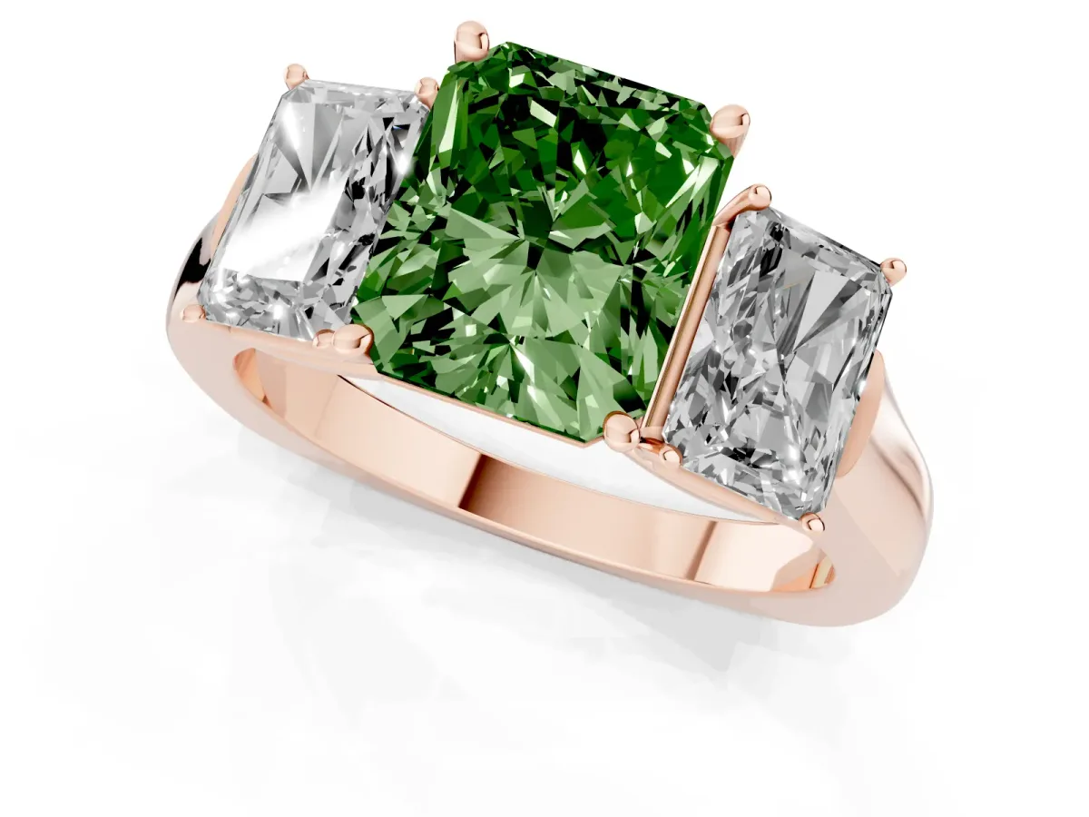 Fancy Green Three-Stone Radiant Cut Brilliant Diamond Trellis Ring with Comfort Fit Band Rose gold