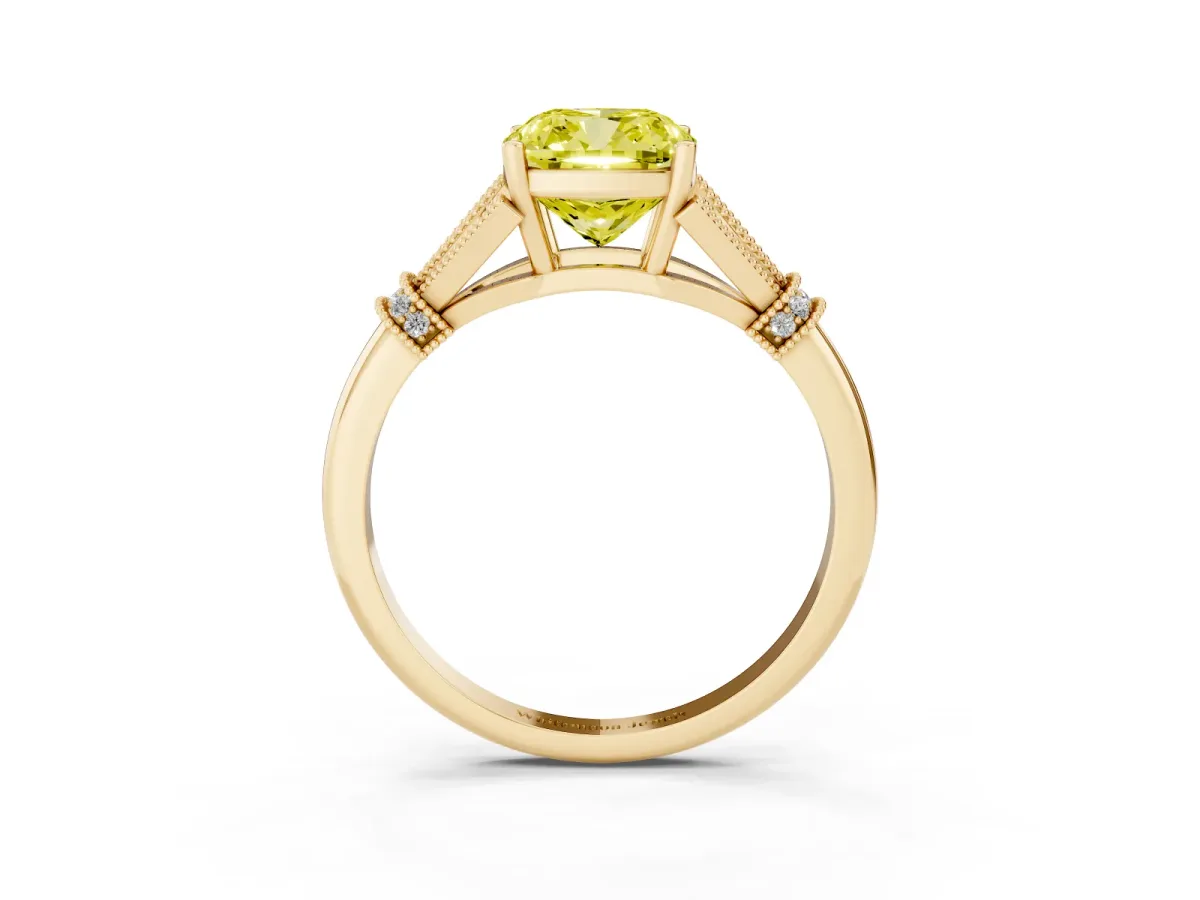 Fancy Yellow Cushion Cut Diamond Solitaire Ring with Floral Filigree and Pave Accents Yellow gold