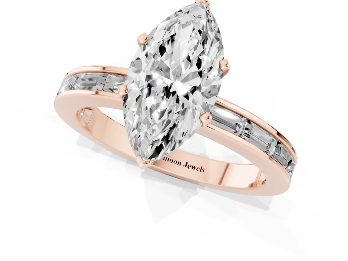 Marquise Cut Solitaire Diamond Ring with Channel-Set Baguette Band and Four-Prong Setting Rose gold