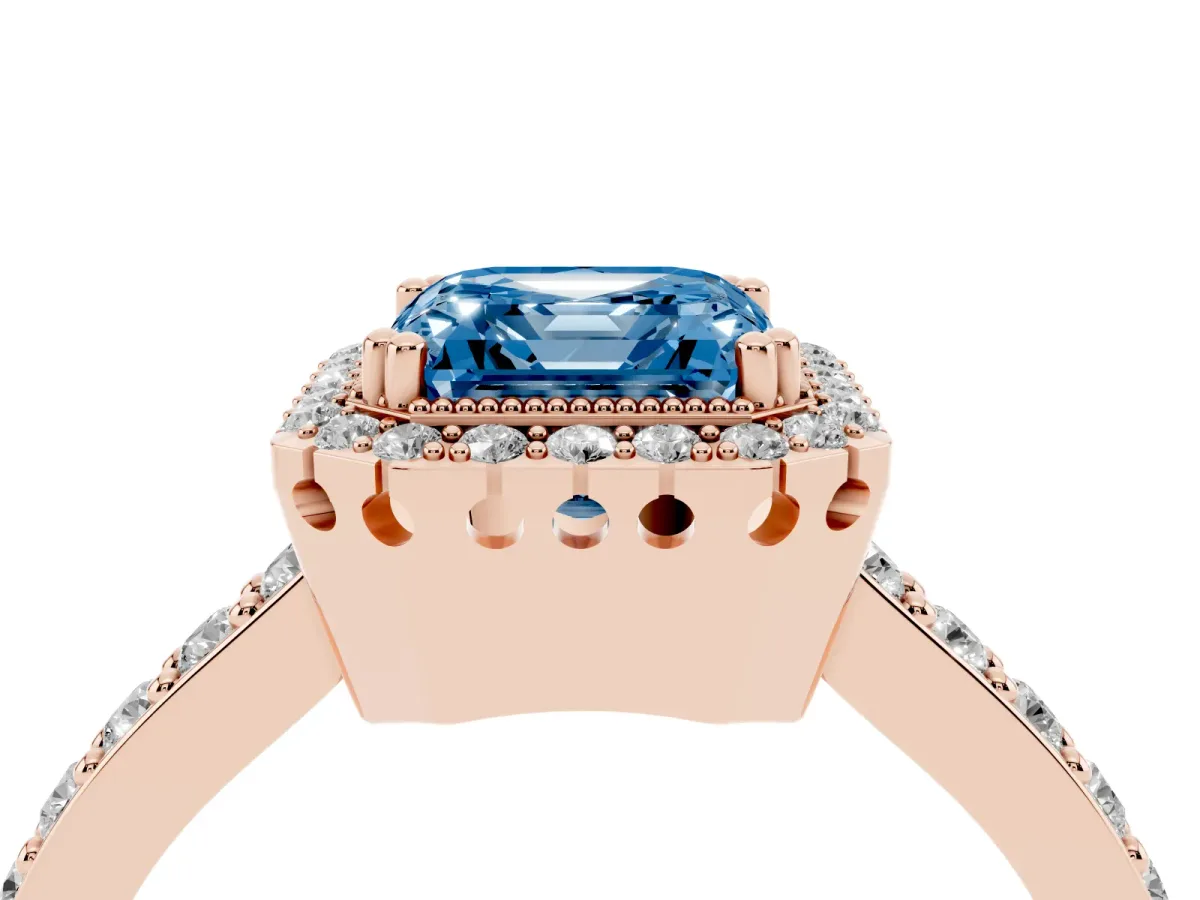 Fancy Blue Asscher Cut Cut Diamond Halo Engagement Ring with Milgrain Detail and Pavé Band Rose gold