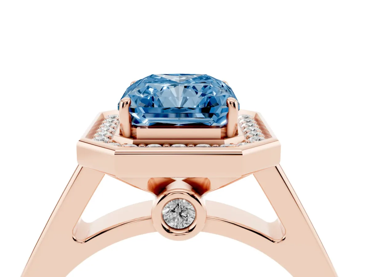Fancy Blue Emerald Cut Halo Solitaire Diamond Ring with Pave Band and Bezel Setting Rose gold