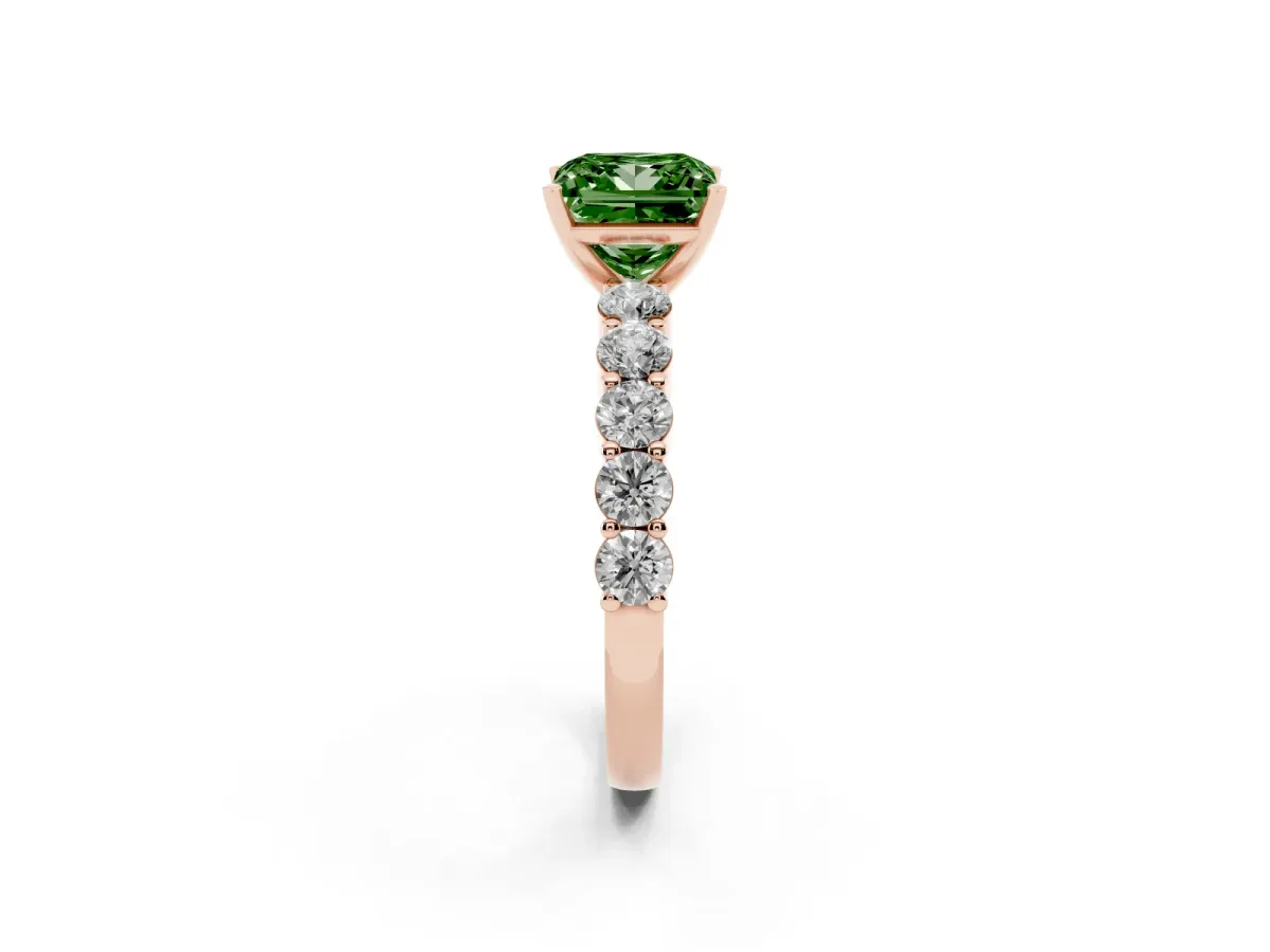 Fancy Green Princess Cut Diamond Solitaire Ring with Shared Prong Round Side Stones Rose gold