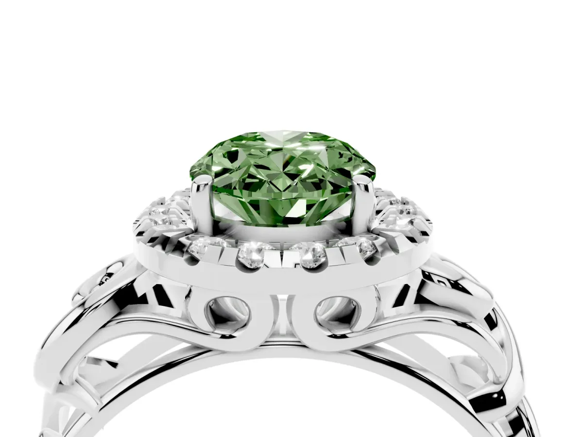 Fancy Green Oval Cut Cut Halo Diamond Ring with Scrollwork Band and Four-Prong Setting Silver