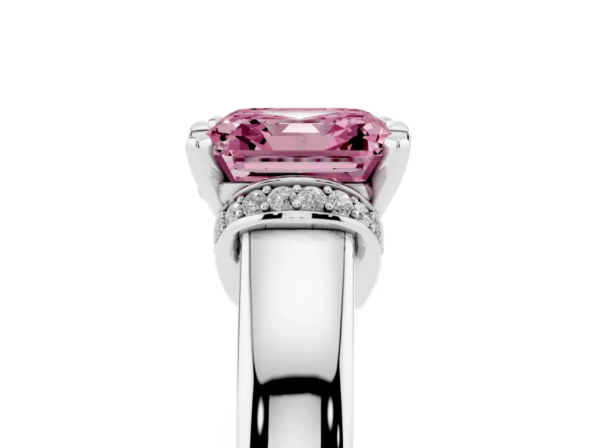 Fancy Pink Asscher Cut Solitaire Diamond Ring with Pave Band and Six-Prong Setting Silver