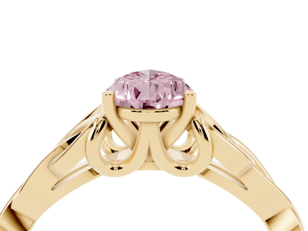Fancy Pink Pear Cut Diamond Solitaire Engagement Ring with Celtic Knot Band and Four-Prong Setting Yellow gold